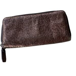 RAG & BONE Grey Metallic Leather Zip Around Wallet Card Holder